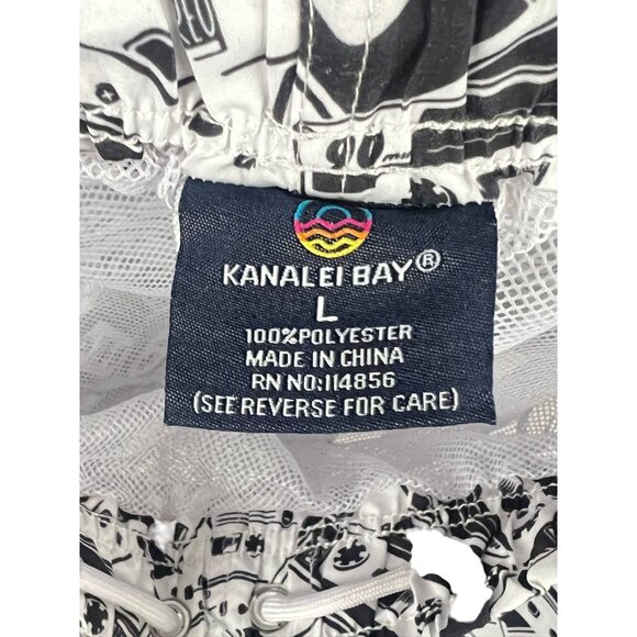Kanalei Bay NWT Cassette Print Mens Swim Shorts L Black White Lined Beach Summer - Picture 4 of 10